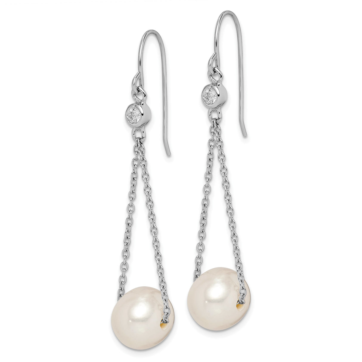 Sterling Silver Dangle Earrings with Freshwater Cultured Pearls and Cubic Zirconia, Long Drop Design