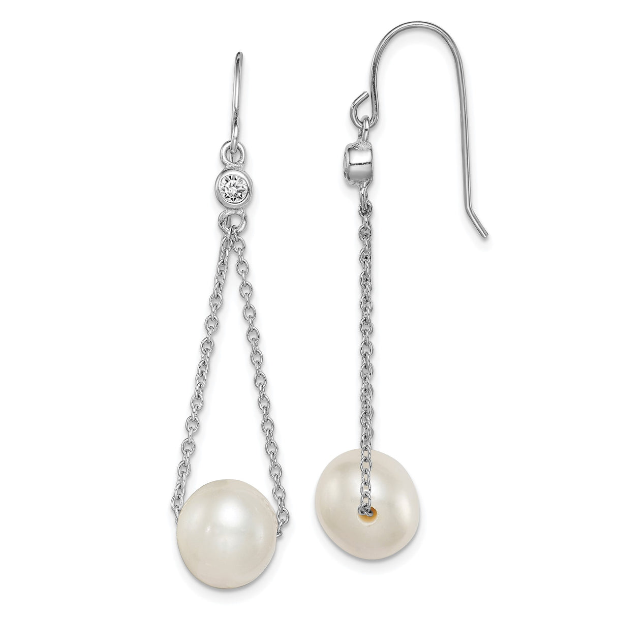 Sterling Silver Dangle Earrings with Freshwater Cultured Pearls and Cubic Zirconia, Long Drop Design