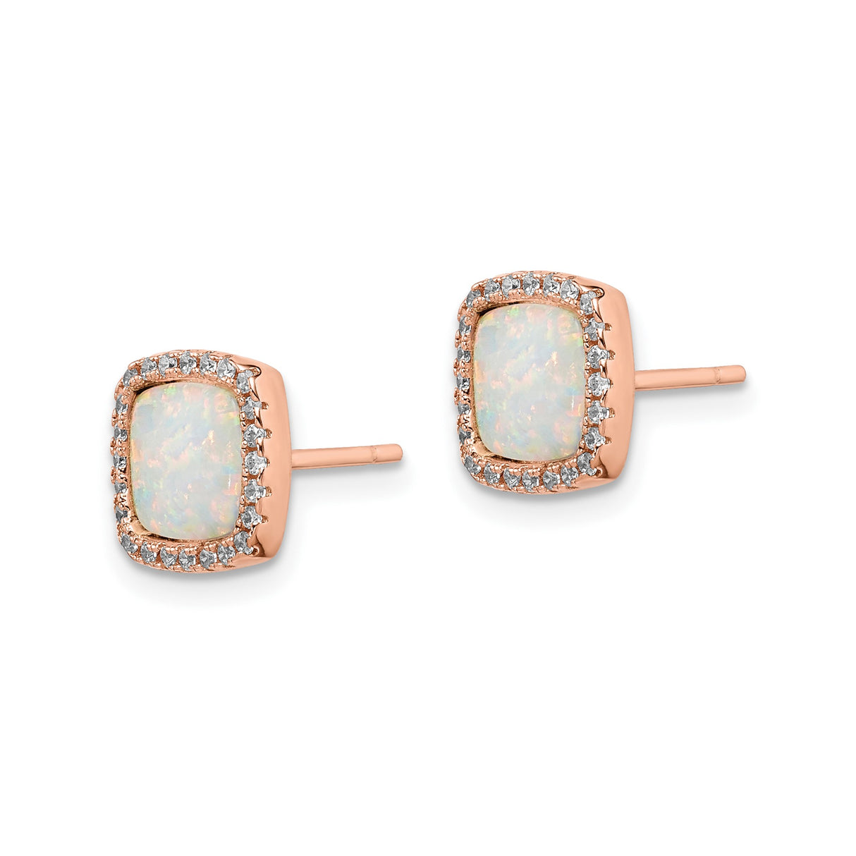 Sterling Silver Rose Gold Plated Stud Earrings with Created Opal and Cubic Zirconia Halo
