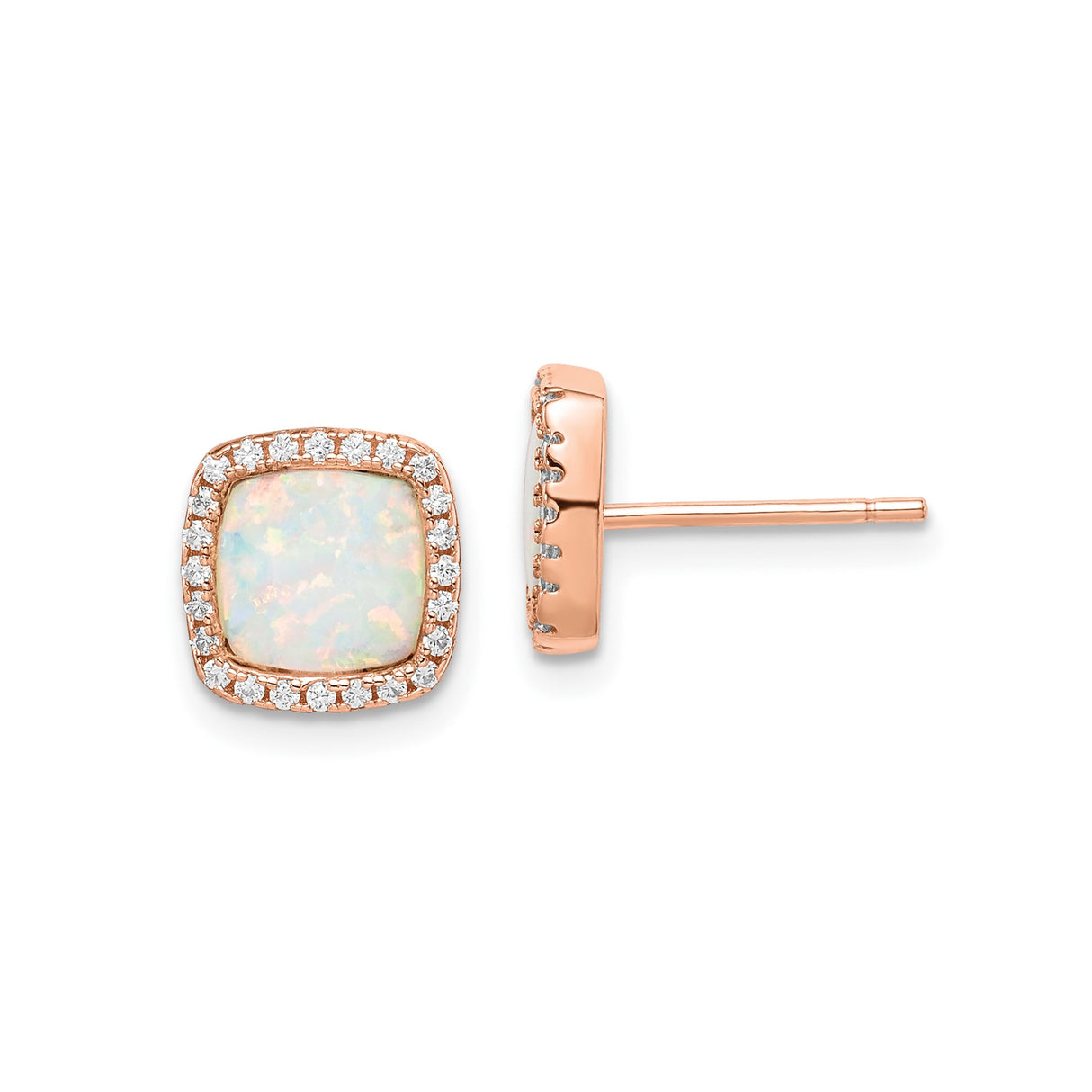 Sterling Silver Rose Gold Plated Stud Earrings with Created Opal and Cubic Zirconia Halo