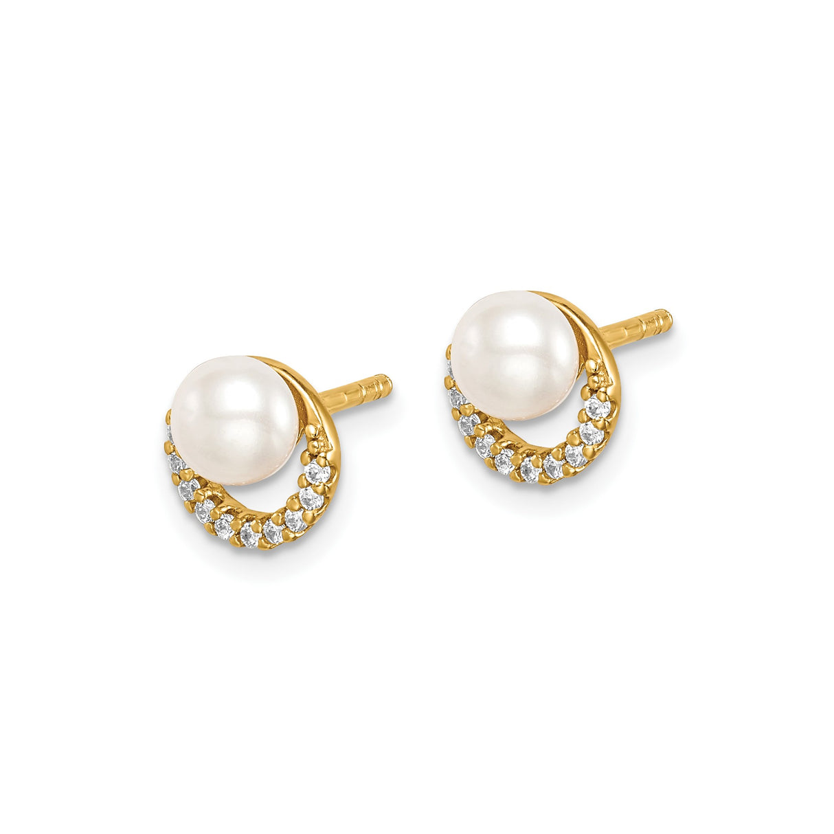 Sterling Silver Pearl Stud Earrings with Cubic Zirconia Accents in Gold Tone Circle Design