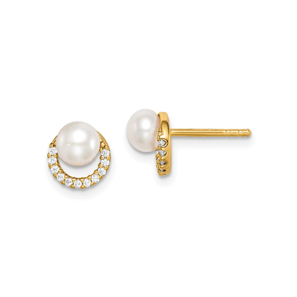 Sterling Silver Pearl Stud Earrings with Cubic Zirconia Accents in Gold Tone Circle Design