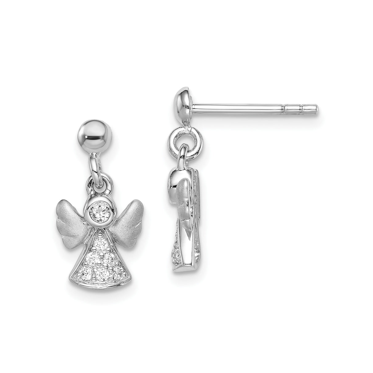 Sterling Silver Angel Stud Earrings with Dangling Guardian Angel and Cubic Zirconia Accents