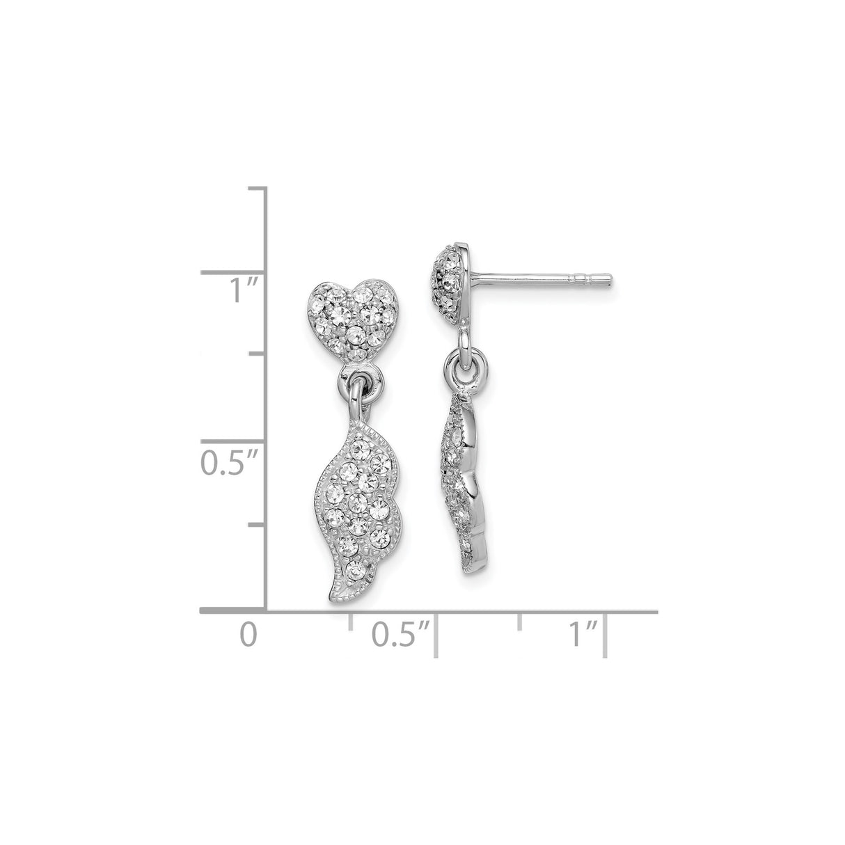 Sterling Silver Dangle Earrings with Cubic Zirconia, Heart Studs and Angel Wings Design