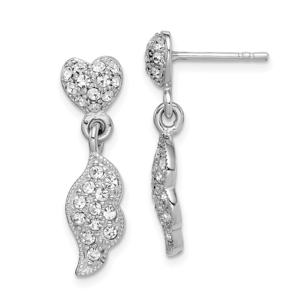 Sterling Silver Dangle Earrings with Cubic Zirconia, Heart Studs and Angel Wings Design