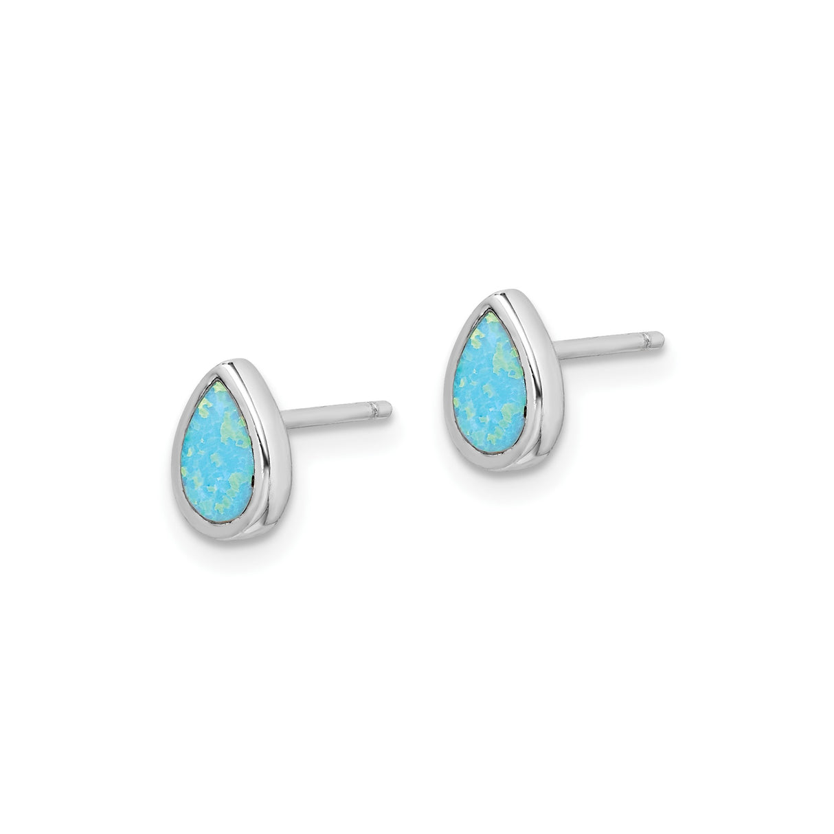 Sterling Silver Teardrop Stud Earrings with Created Blue Opal Inlay, Bezel Setting