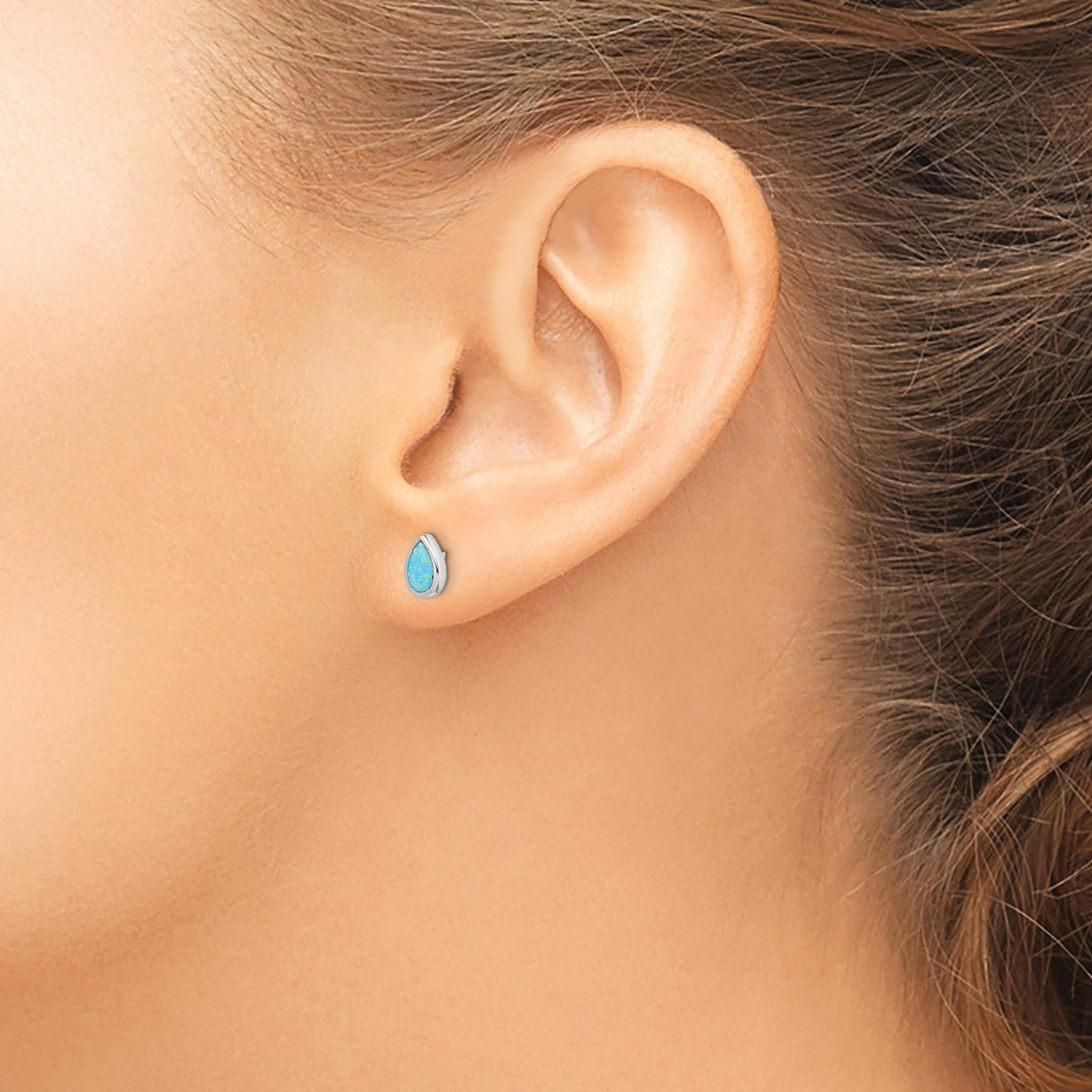 Sterling Silver Teardrop Stud Earrings with Created Blue Opal Inlay, Bezel Setting