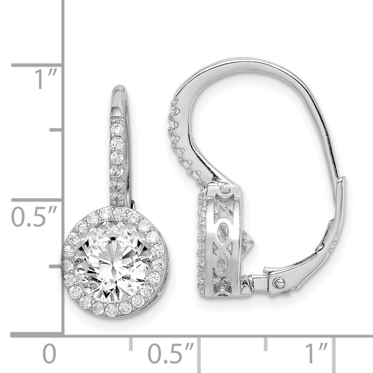 Sterling Silver Leverback Earrings with Cubic Zirconia, Round Halo Drop Design
