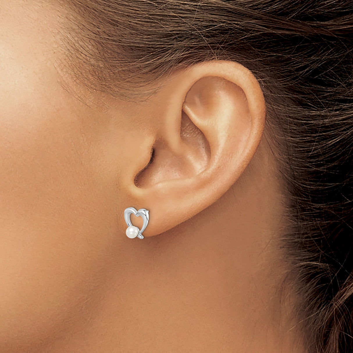 Sterling Silver Heart Stud Earrings with White Pearl Accent for Women