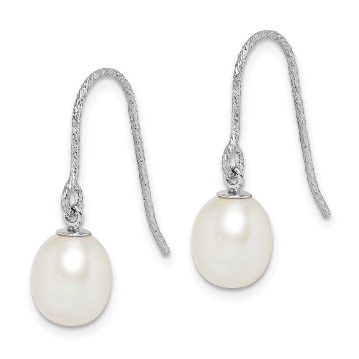 Sterling Silver Dangle Earrings with White Freshwater Cultured Pearls, Textured Hook Design