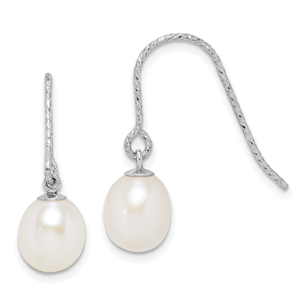 Sterling Silver Dangle Earrings with White Freshwater Cultured Pearls, Textured Hook Design