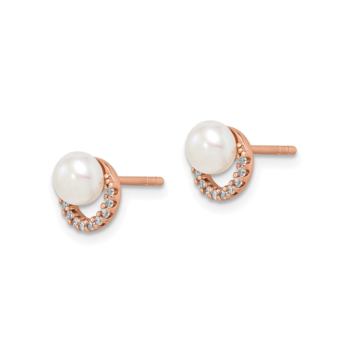 Sterling Silver Rose Gold Plated Stud Earrings with White Pearls and Cubic Zirconia