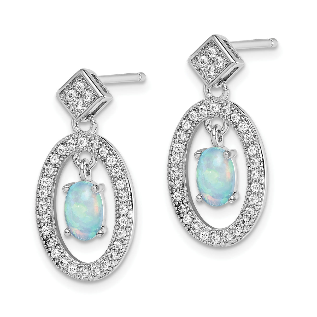 Sterling Silver Dangle Earrings with Created Opal and Cubic Zirconia, Oval Halo Design