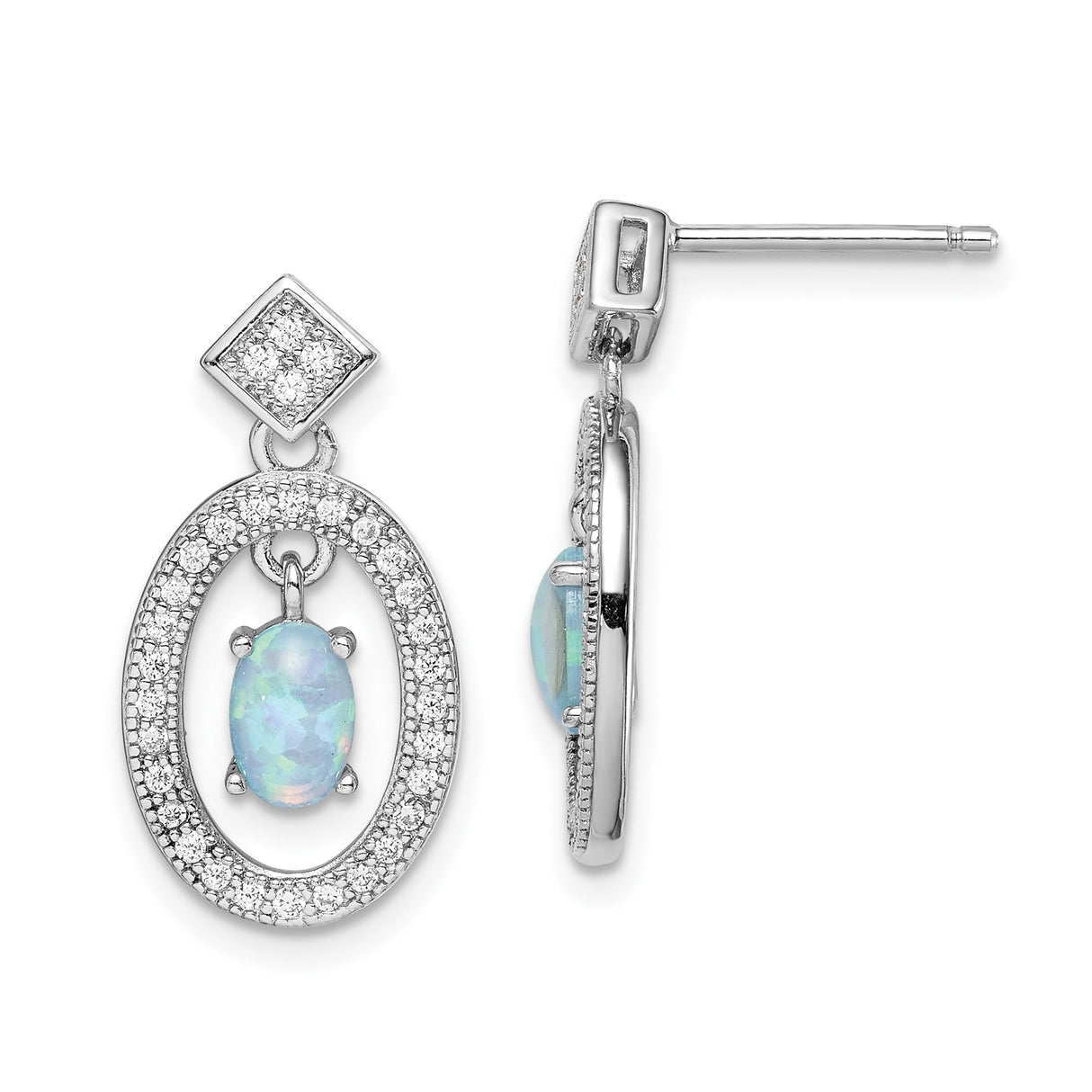 Sterling Silver Dangle Earrings with Created Opal and Cubic Zirconia, Oval Halo Design