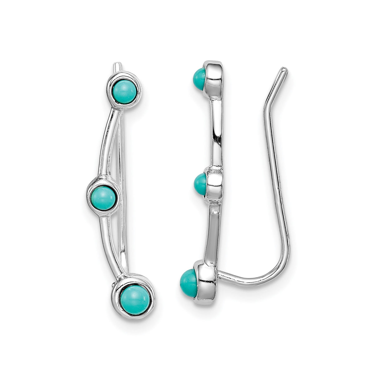 Sterling Silver Ear Climber Earrings with Created Turquoise in Linear Boho Minimalist Style