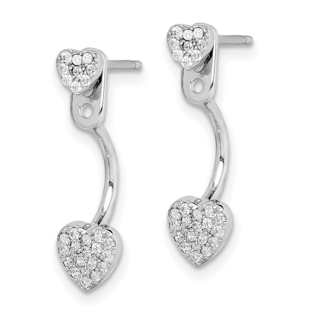 Sterling Silver Heart Earrings with Cubic Zirconia, Double Hearts and Curved Bar Design