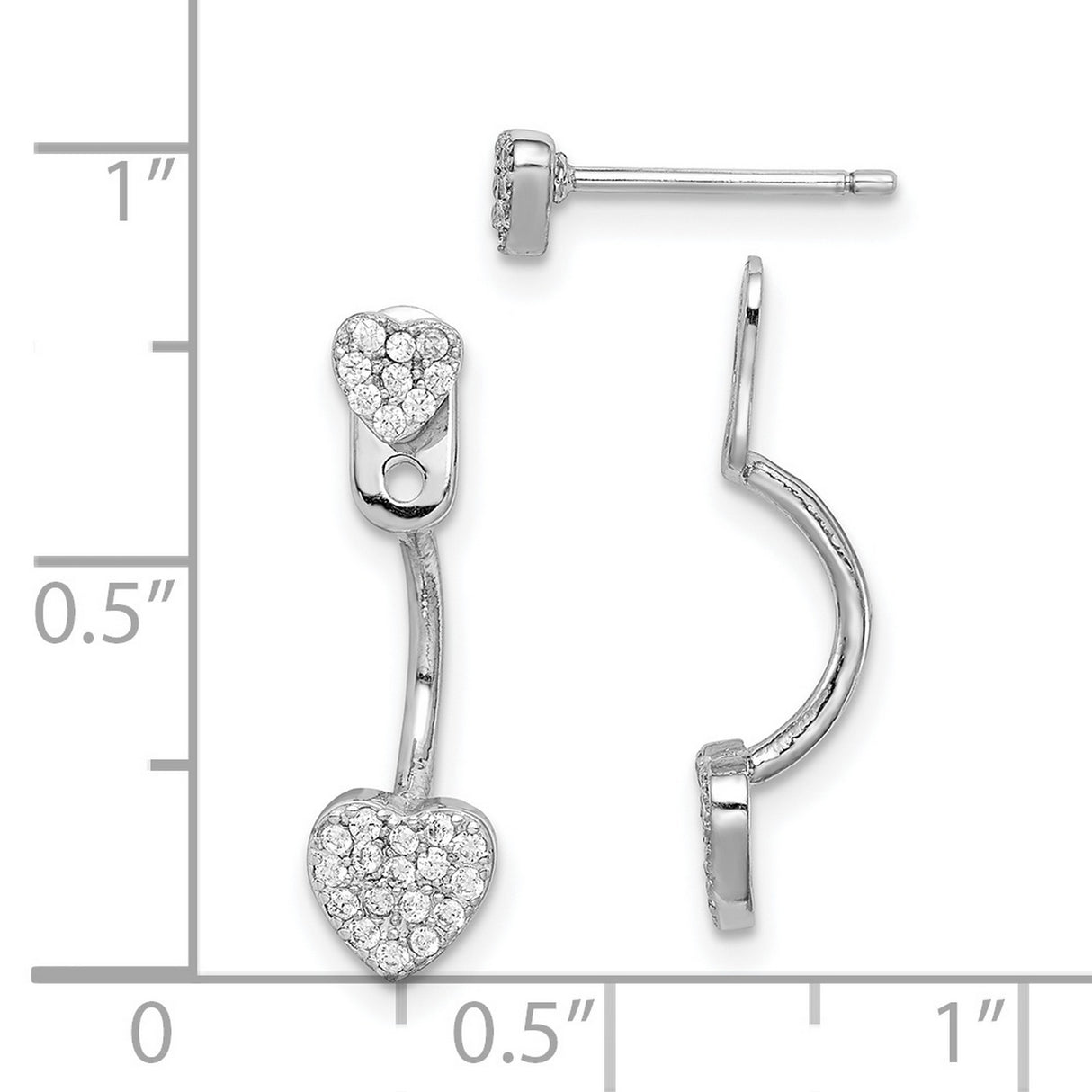 Sterling Silver Heart Earrings with Cubic Zirconia, Double Hearts and Curved Bar Design