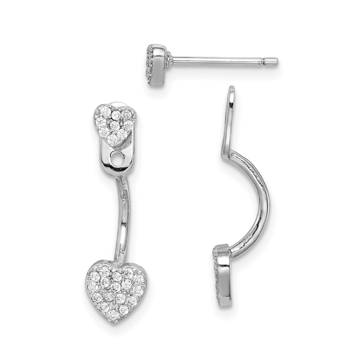 Sterling Silver Heart Earrings with Cubic Zirconia, Double Hearts and Curved Bar Design