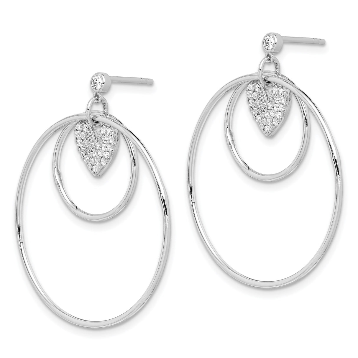 Sterling Silver Hoop Earrings with Cubic Zirconia, Double Circle and Pavé Heart Design