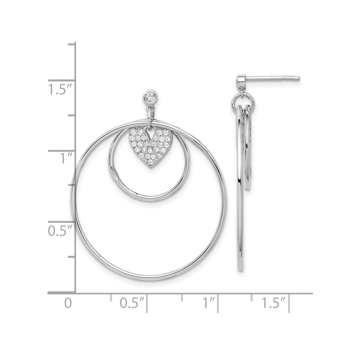 Sterling Silver Hoop Earrings with Cubic Zirconia, Double Circle and Pavé Heart Design