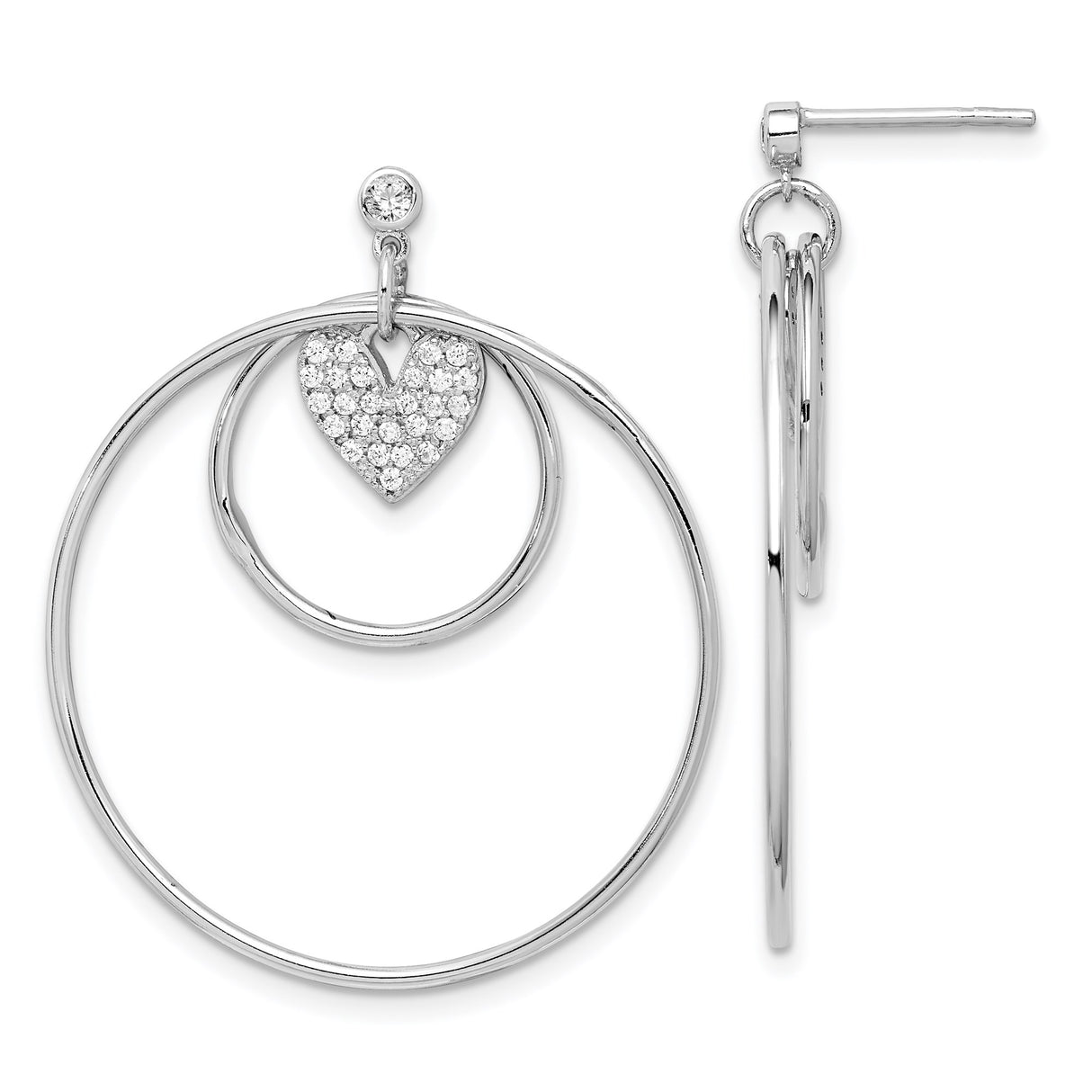 Sterling Silver Hoop Earrings with Cubic Zirconia, Double Circle and Pavé Heart Design