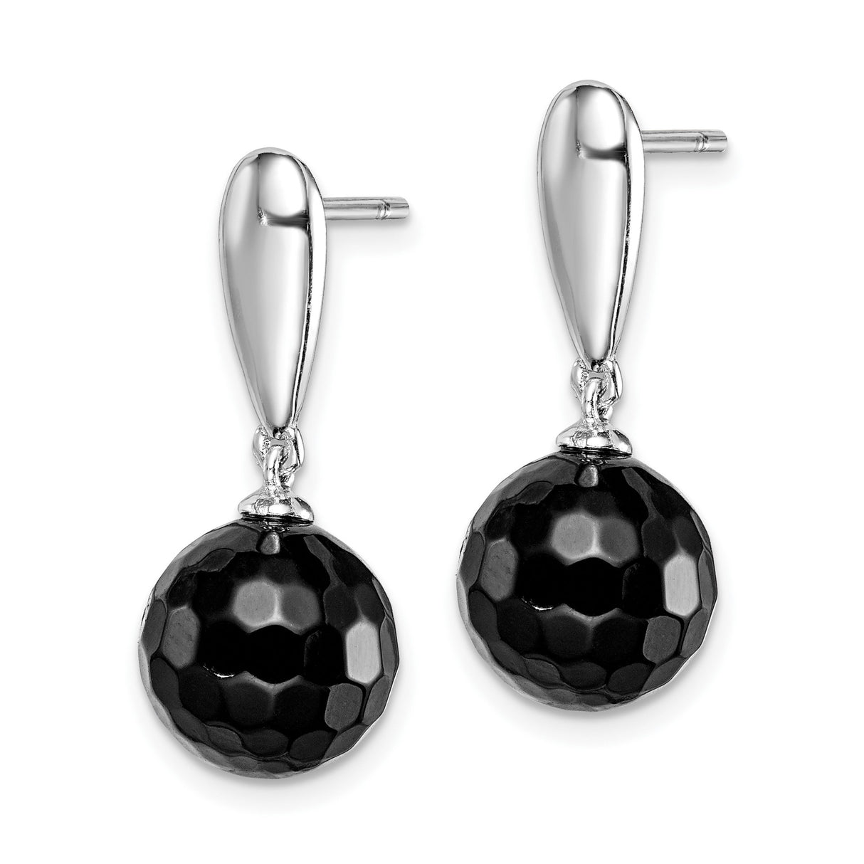 Sterling Silver Drop Earrings with Black Onyx, Faceted Sphere Design, Modern Geometric Style