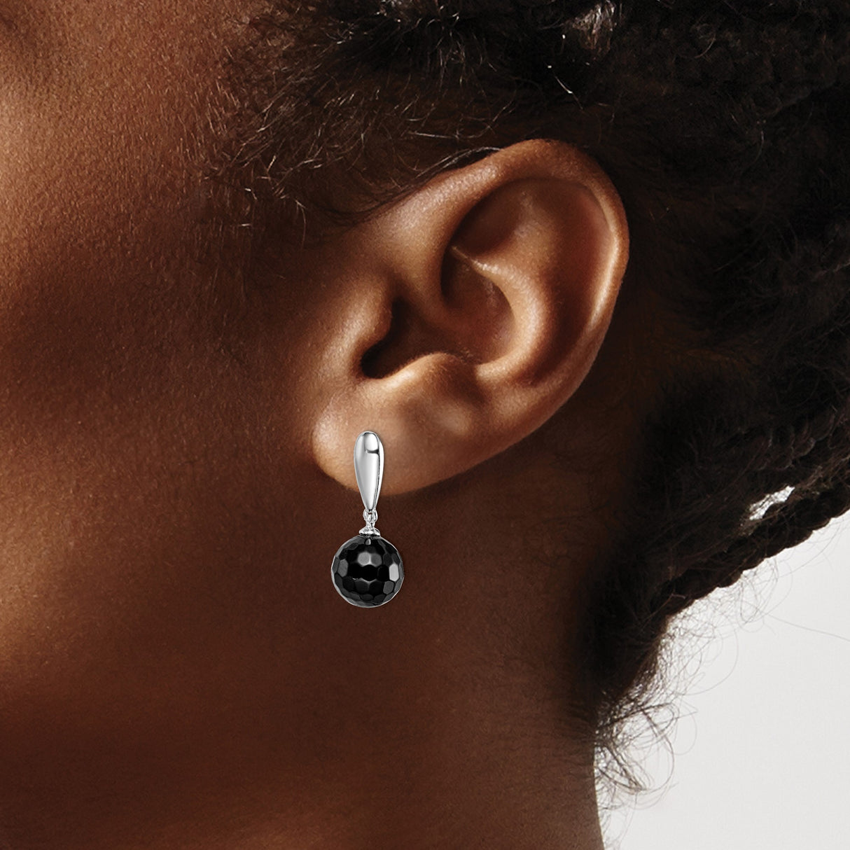 Sterling Silver Drop Earrings with Black Onyx, Faceted Sphere Design, Modern Geometric Style