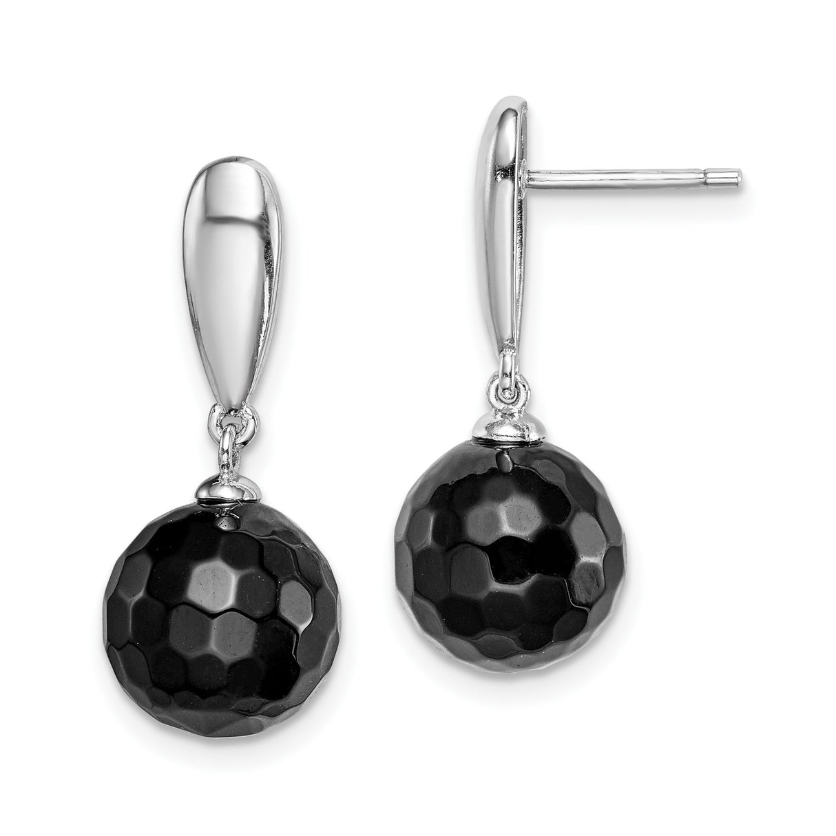 Sterling Silver Drop Earrings with Black Onyx, Faceted Sphere Design, Modern Geometric Style
