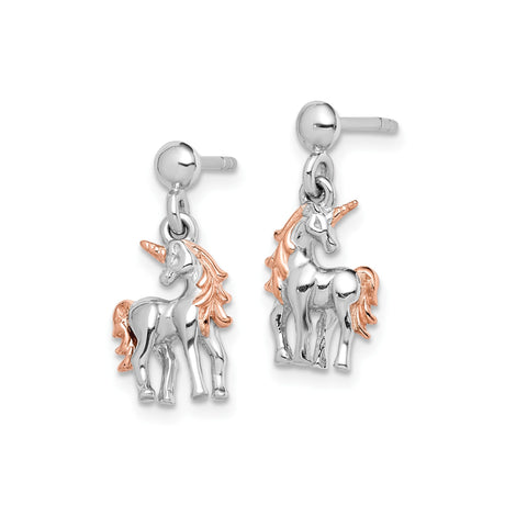 Sterling Silver Unicorn Dangle Earrings with Rose Gold Plated Mane and Horn, Whimsical Fantasy Design