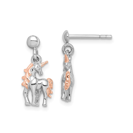 Sterling Silver Unicorn Dangle Earrings with Rose Gold Plated Mane and Horn, Whimsical Fantasy Design