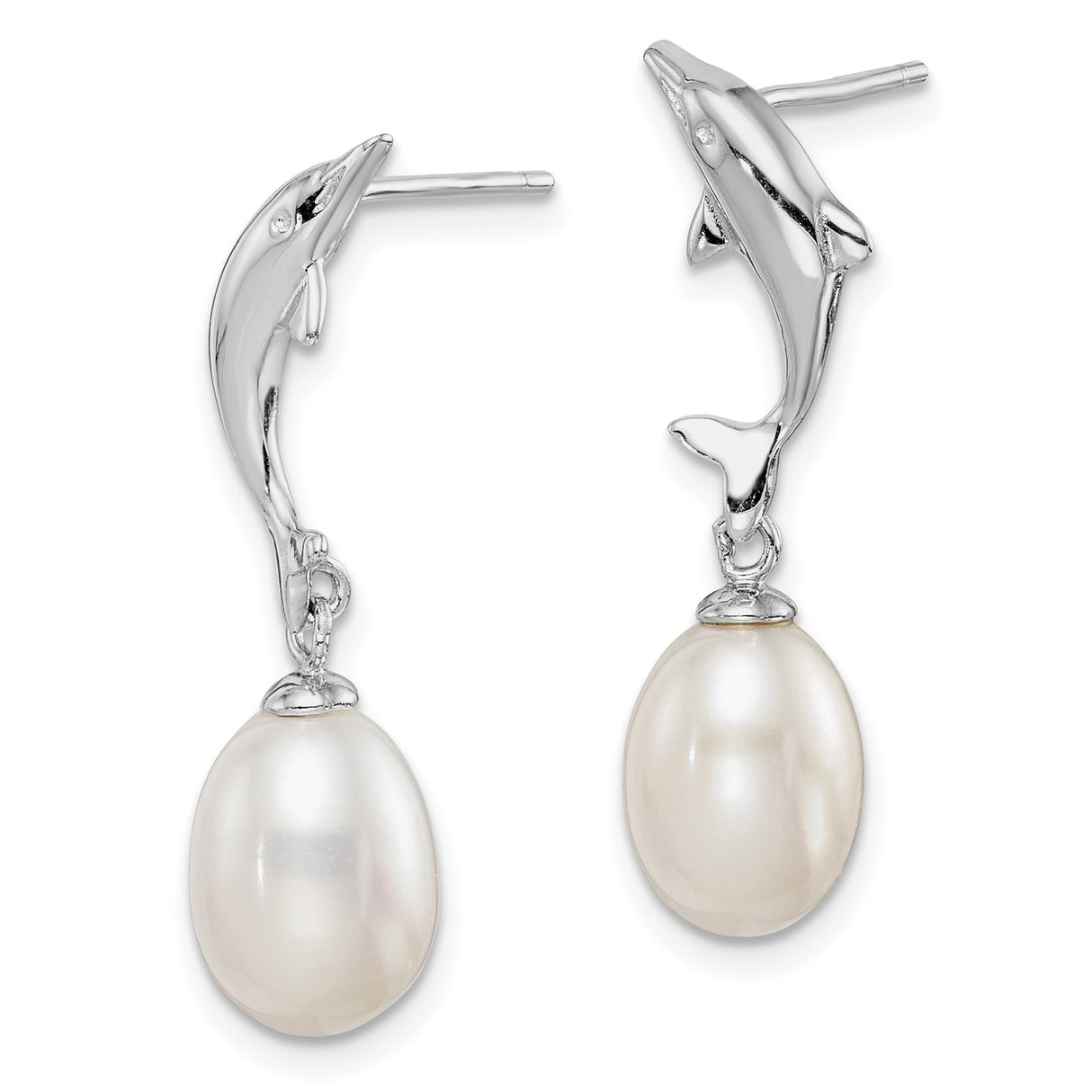 Sterling Silver Dolphin Drop Earrings with Freshwater Pearl and Clear Stone Accent