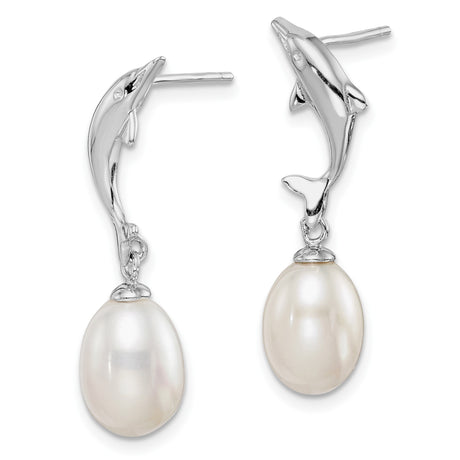 Sterling Silver Dolphin Drop Earrings with Freshwater Pearl and Clear Stone Accent