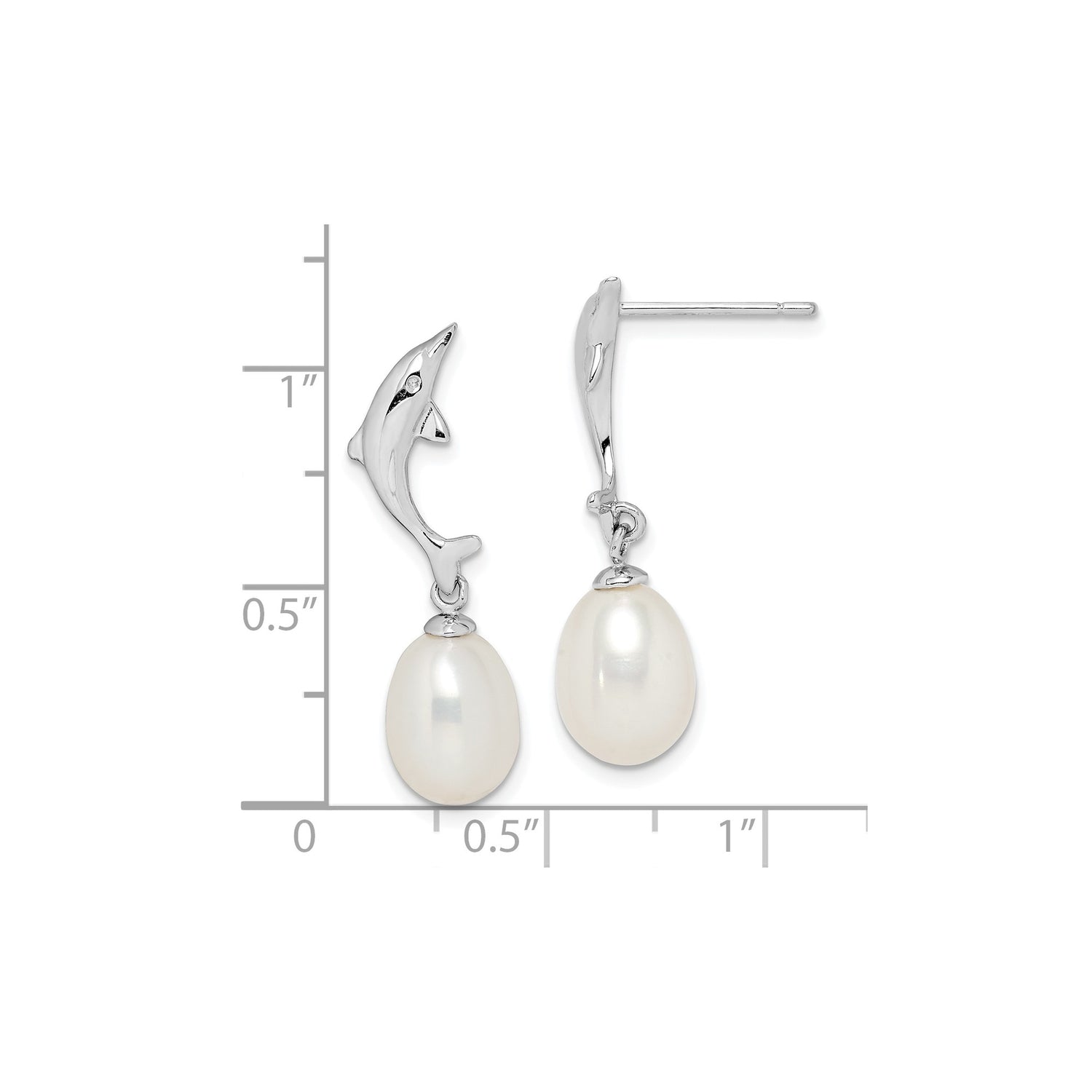 Sterling Silver Dolphin Drop Earrings with Freshwater Pearl and Clear Stone Accent