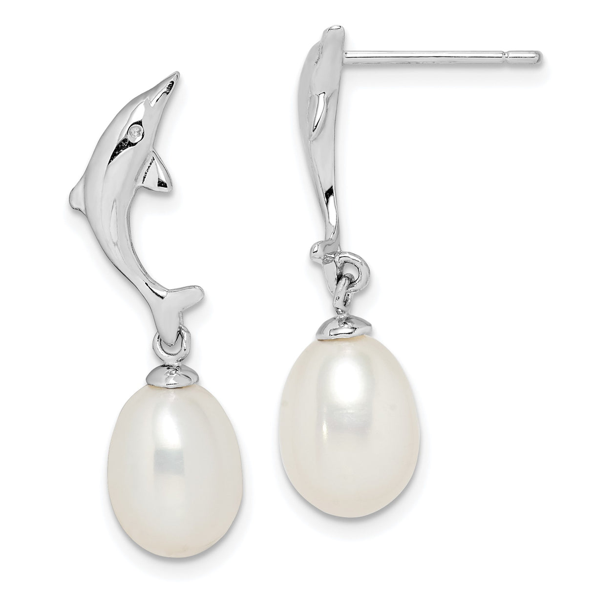 Sterling Silver Dolphin Drop Earrings with Freshwater Pearl and Clear Stone Accent