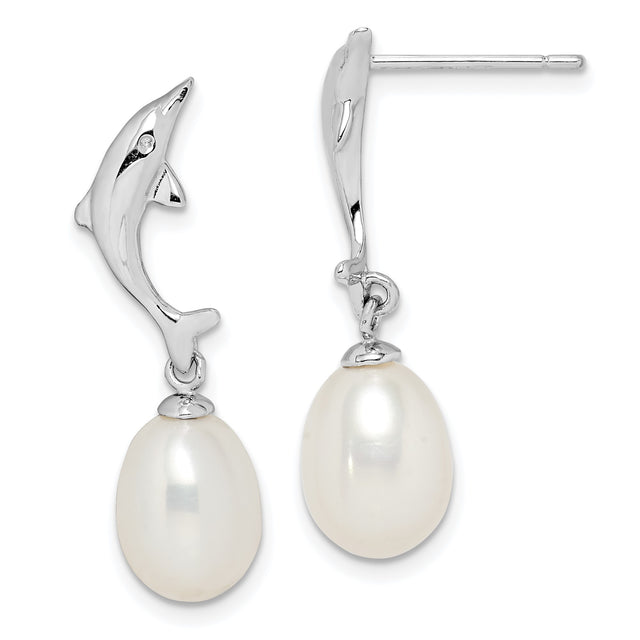 Sterling Silver Dolphin Drop Earrings with Freshwater Pearl and Clear Stone Accent