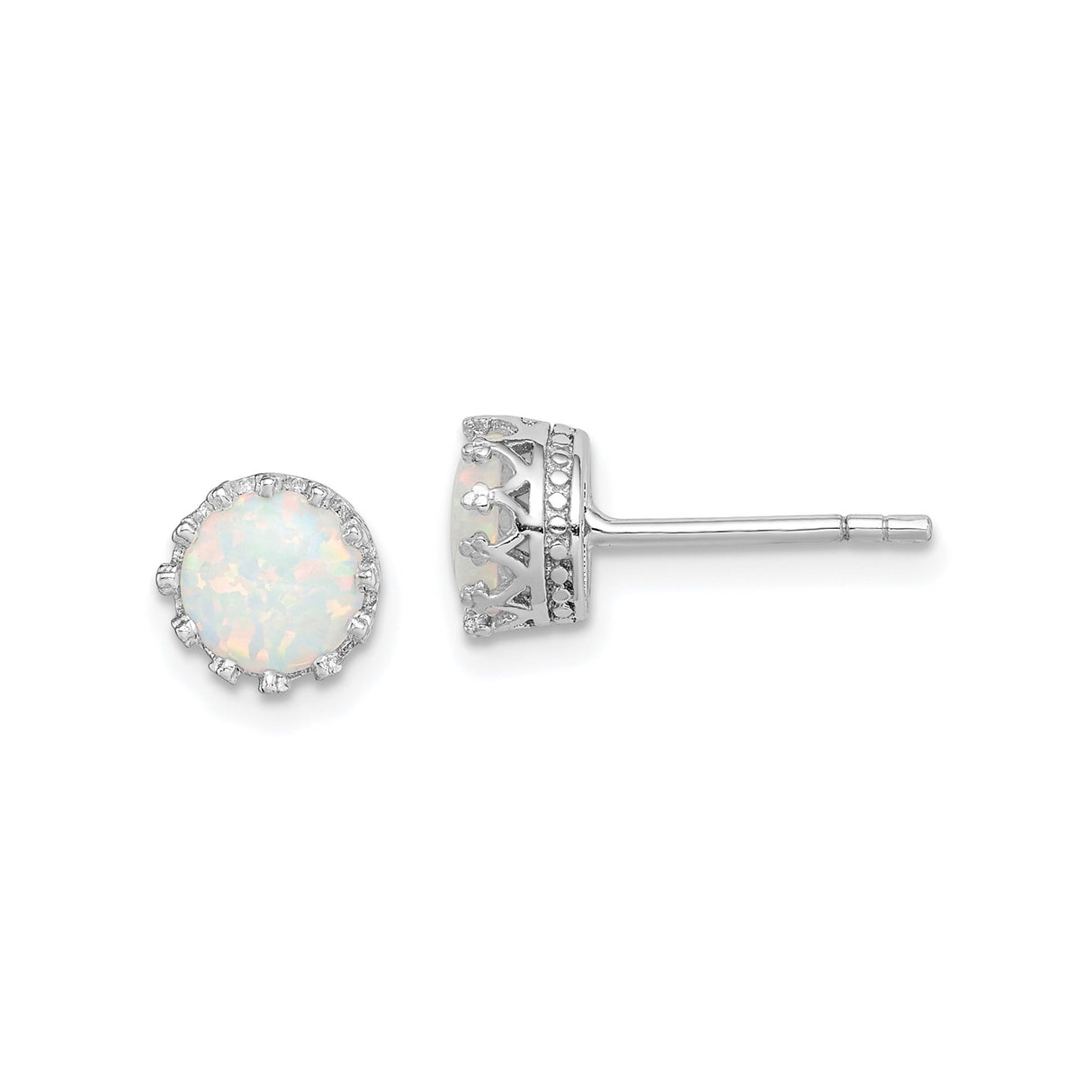 Sterling Silver Stud Earrings with Created Opal and Clear Accent Stones in Crown Setting