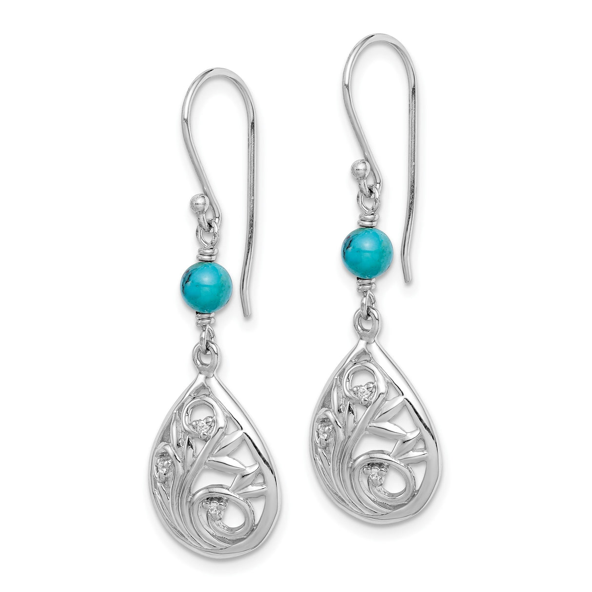 Sterling Silver Drop Earrings with Reconstructed Turquoise, Floral Filigree, Vine Motif