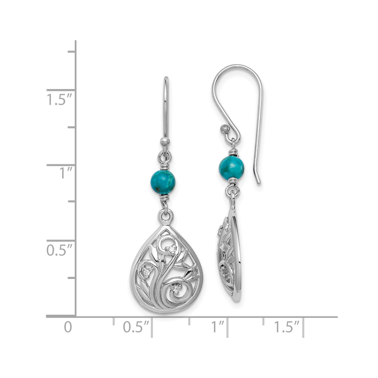 Sterling Silver Drop Earrings with Reconstructed Turquoise, Floral Filigree, Vine Motif