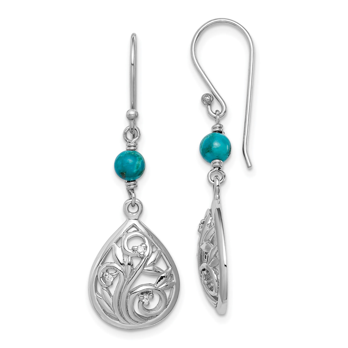 Sterling Silver Drop Earrings with Reconstructed Turquoise, Floral Filigree, Vine Motif