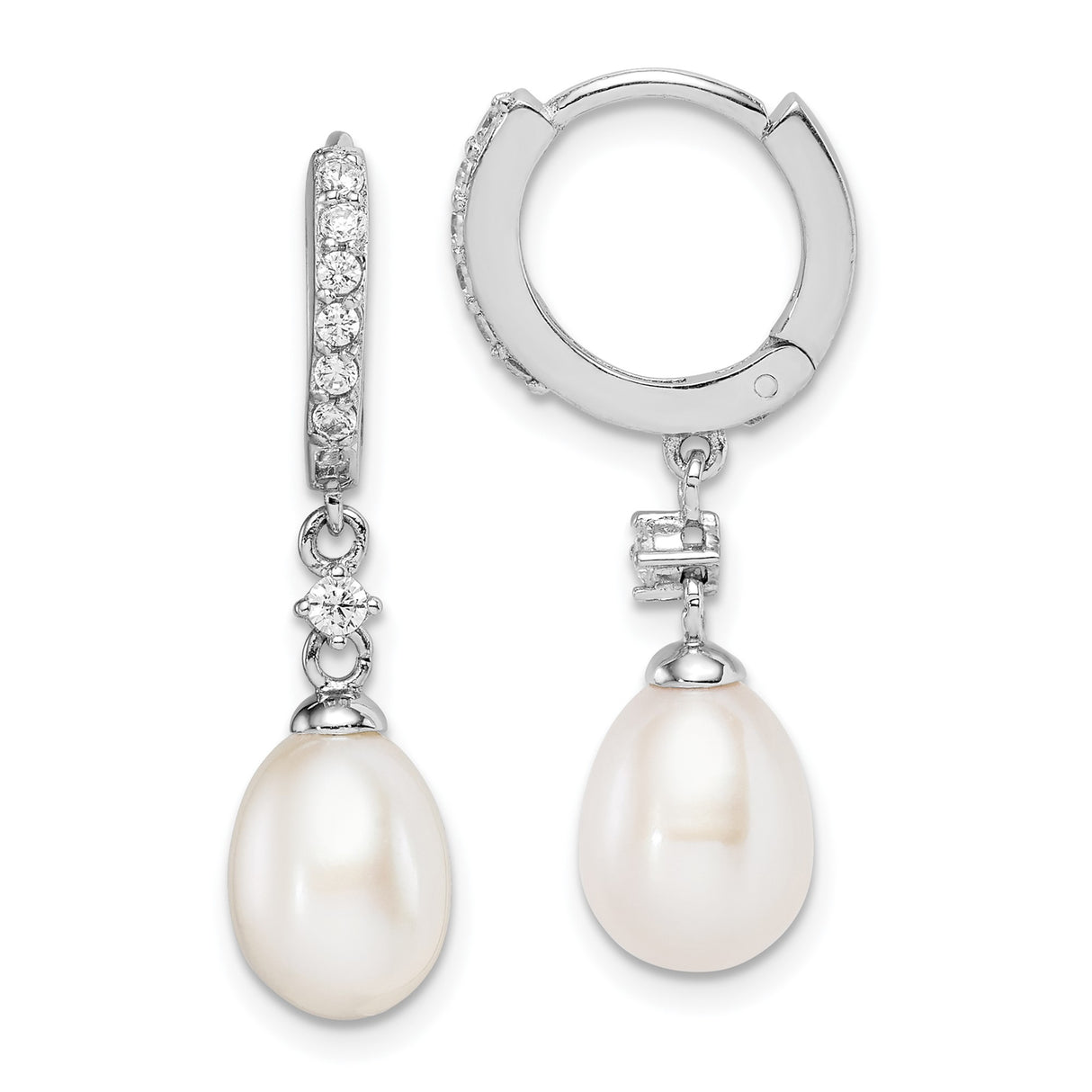 Sterling Silver Drop Earrings with White Freshwater Pearl and Cubic Zirconia