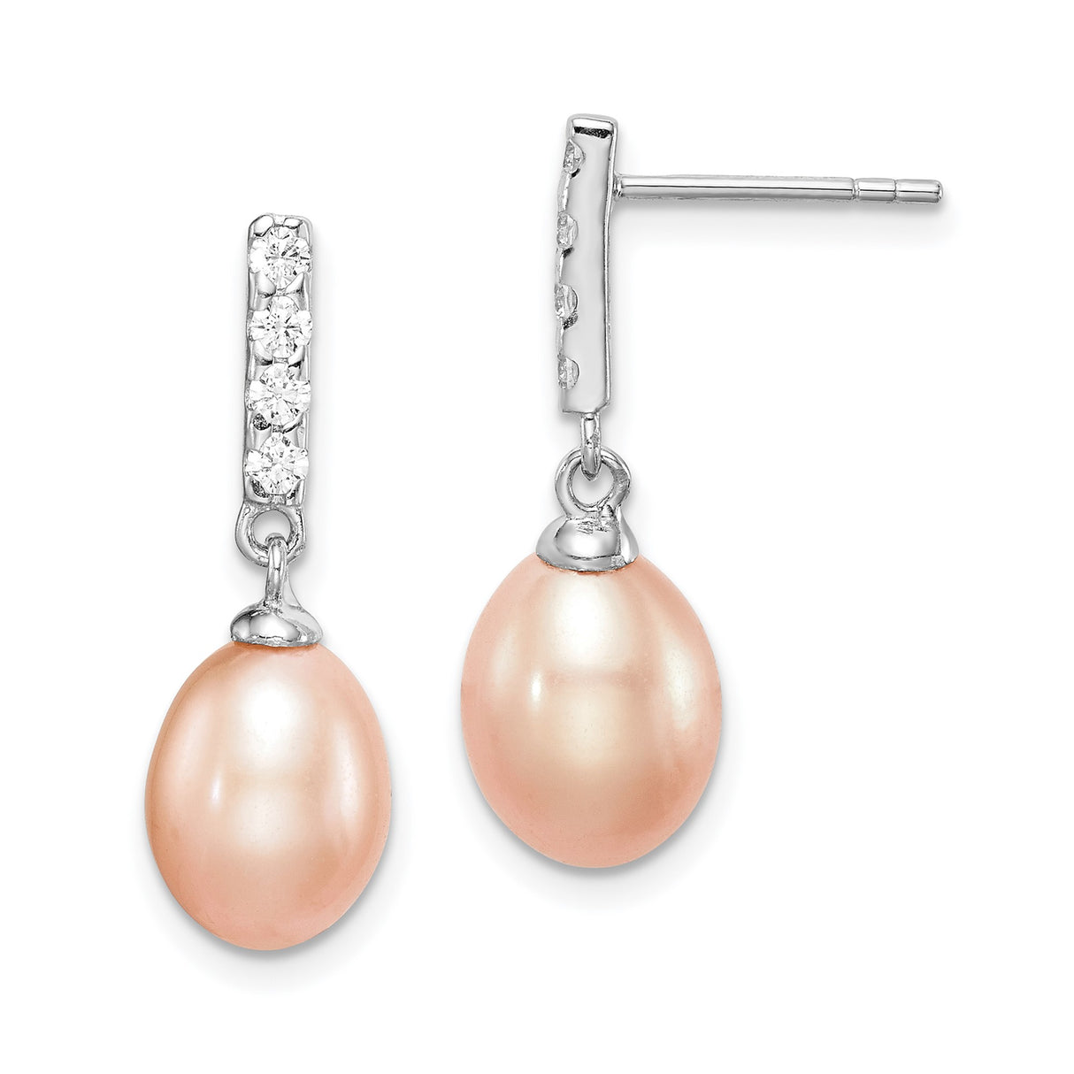 Sterling Silver Dangle Earrings with Pink Freshwater Cultured Pearls and Cubic Zirconia