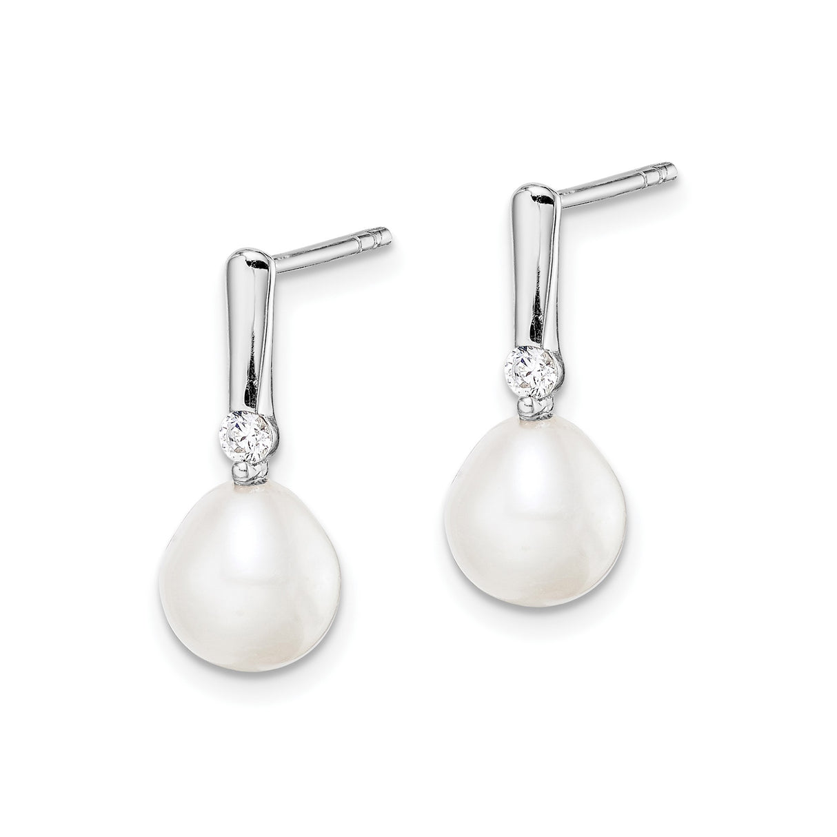 Sterling Silver Drop Earrings with White Freshwater Cultured Pearls and Cubic Zirconia Accent