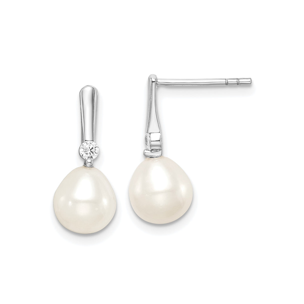 Sterling Silver Drop Earrings with White Freshwater Cultured Pearls and Cubic Zirconia Accent