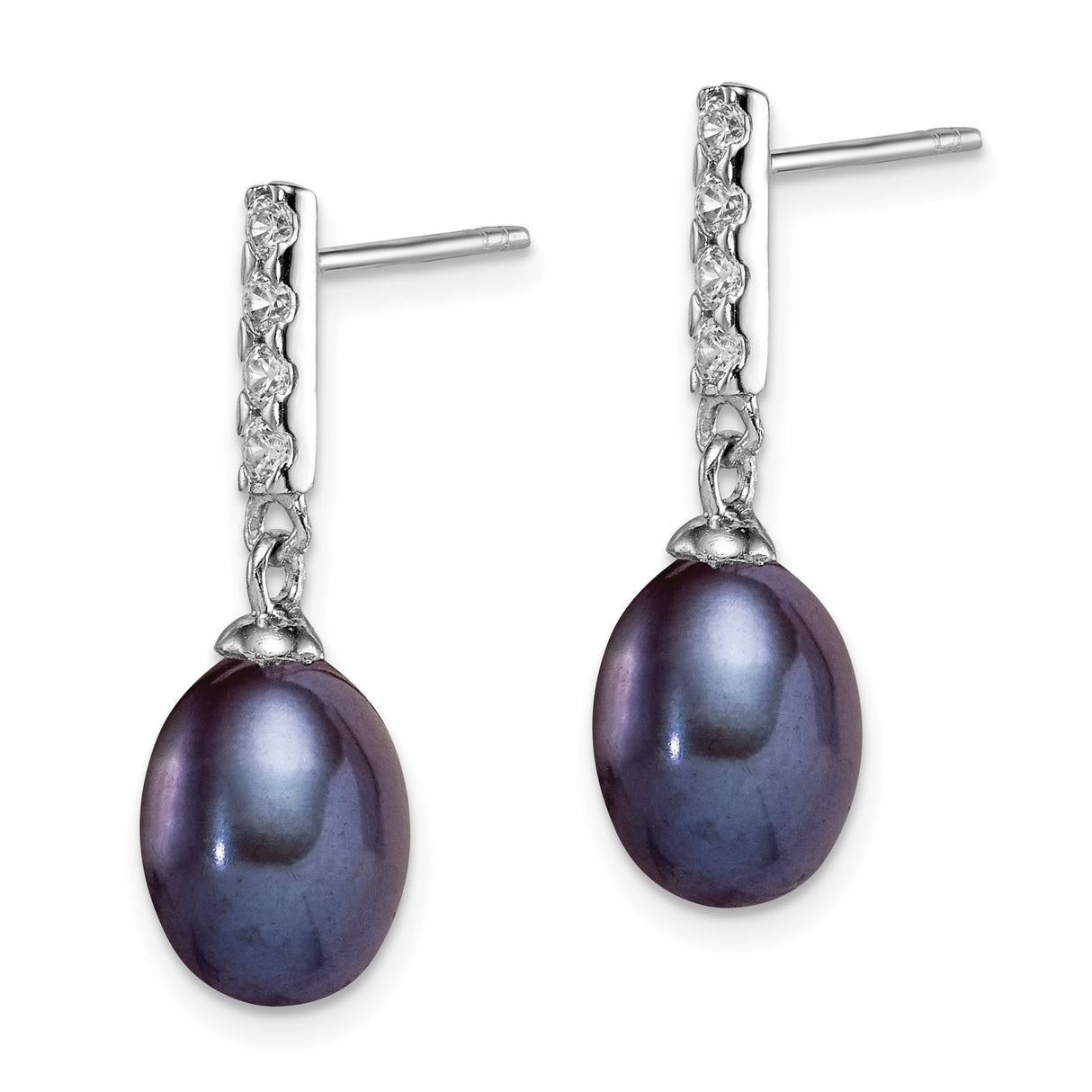 Sterling Silver Dangle Earrings with Dark Freshwater Pearls and Cubic Zirconia Accents