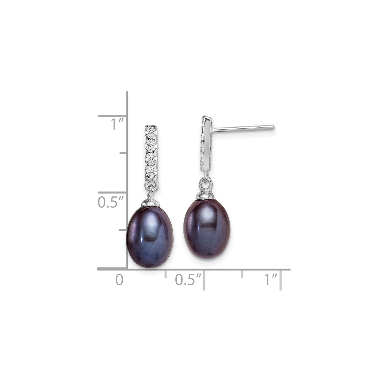 Sterling Silver Dangle Earrings with Dark Freshwater Pearls and Cubic Zirconia Accents