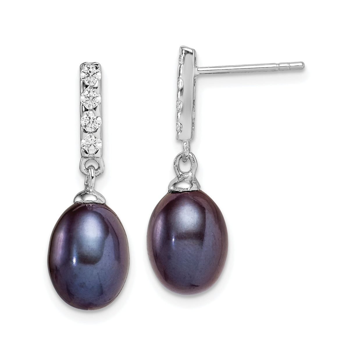 Sterling Silver Dangle Earrings with Dark Freshwater Pearls and Cubic Zirconia Accents