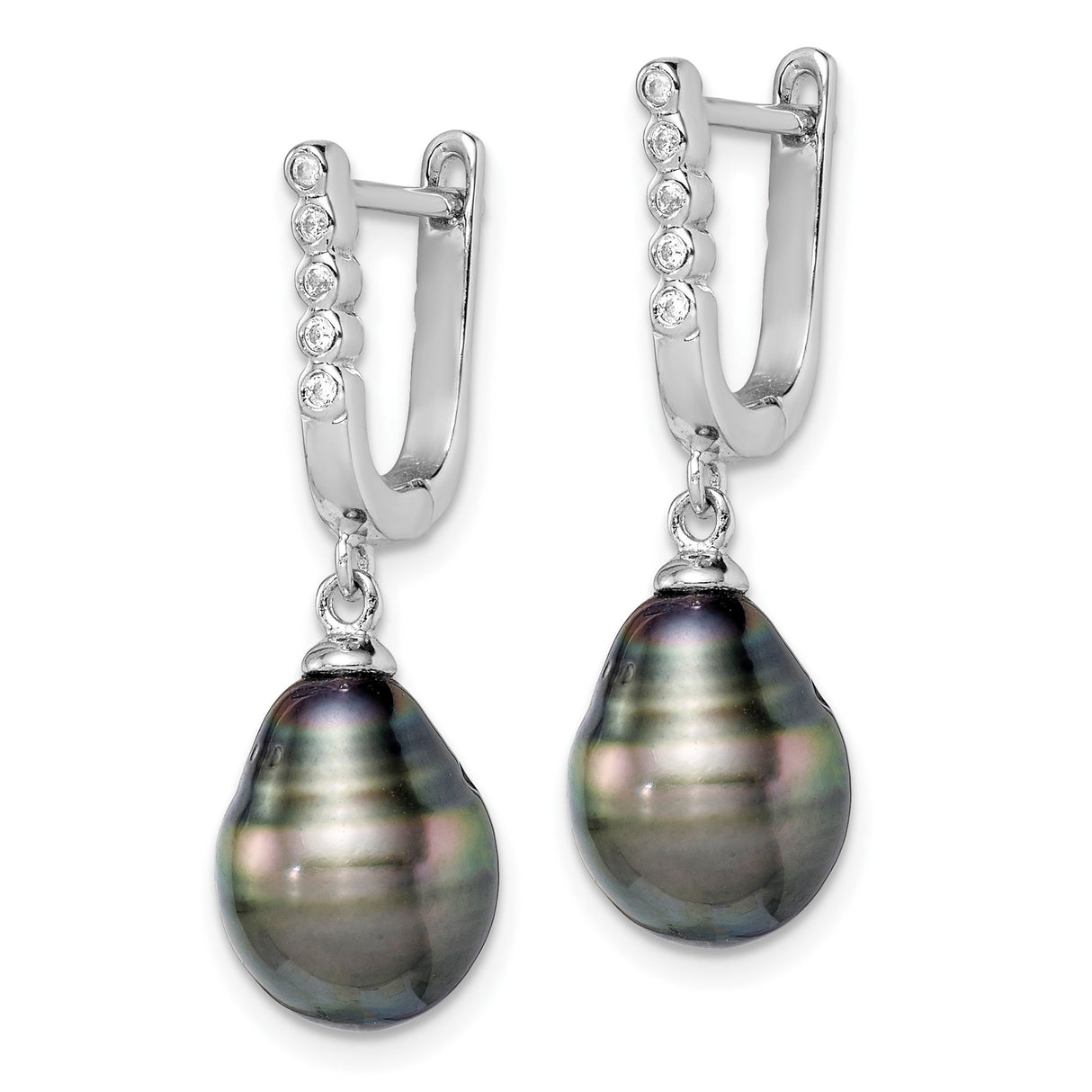 Sterling Silver Dangle Earrings with Black Tahitian Pearls and Cubic Zirconia Accents