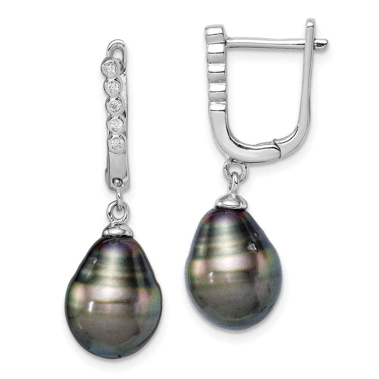 Sterling Silver Dangle Earrings with Black Tahitian Pearls and Cubic Zirconia Accents