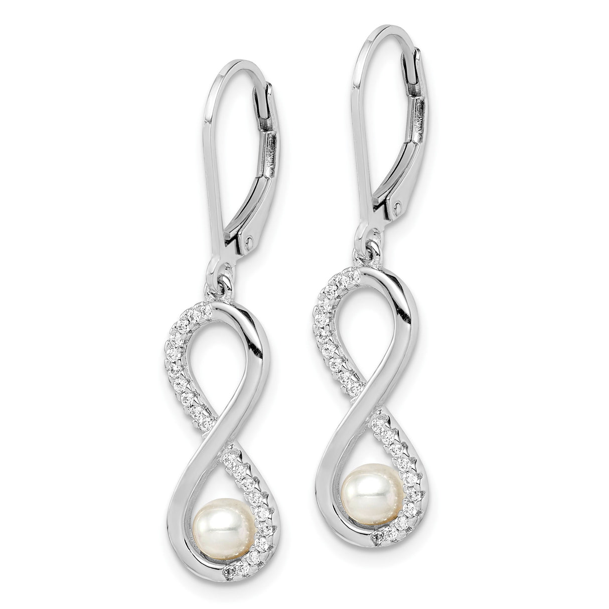 Sterling Silver Dangle Earrings with White Pearl and Cubic Zirconia, Infinity Leverback Design