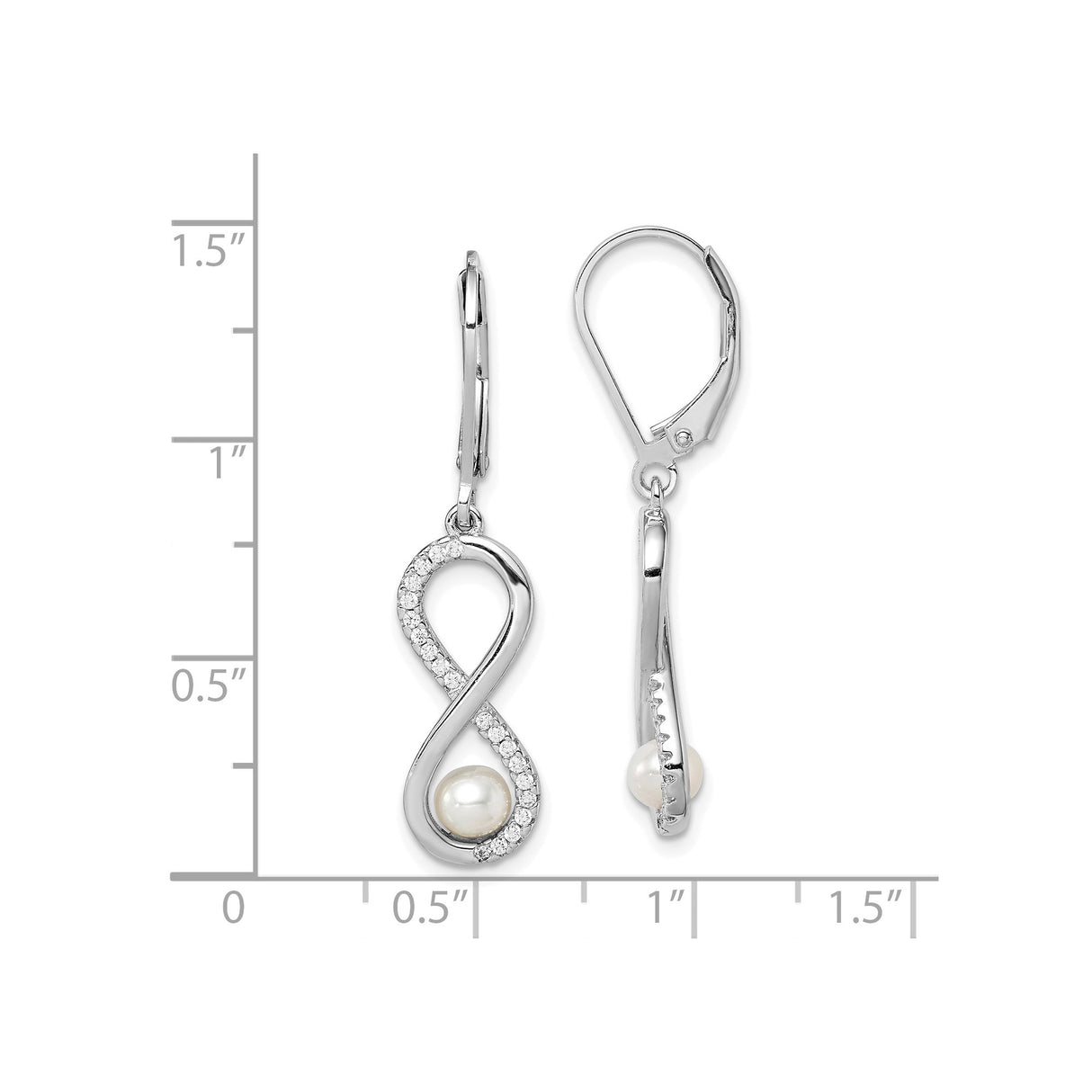 Sterling Silver Dangle Earrings with White Pearl and Cubic Zirconia, Infinity Leverback Design
